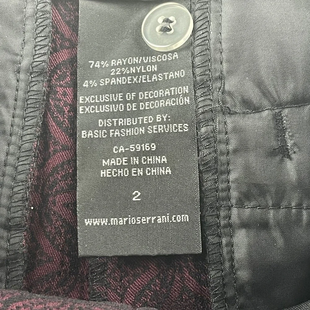 Mario Serrani Italy Womens Burgundy Geometric Medallion Slim Dress‎ Pants Size 2